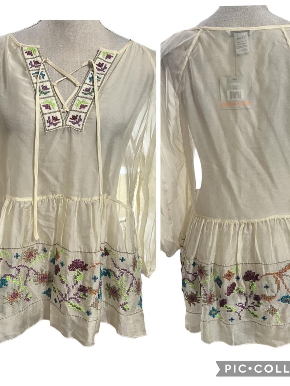 John Mark Cream Sheer Boho Embroidered Loose Fit Top Size Small NWT